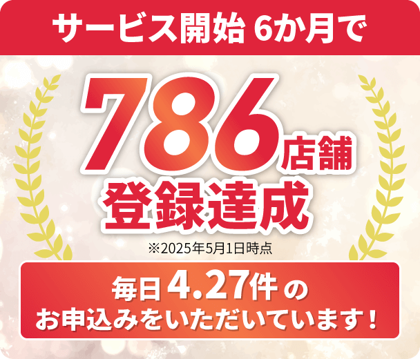 サービス開始6か月で 786店舗登録達成 ※2025年5月1日時点 毎日4.27件のお申込みをいただいています!